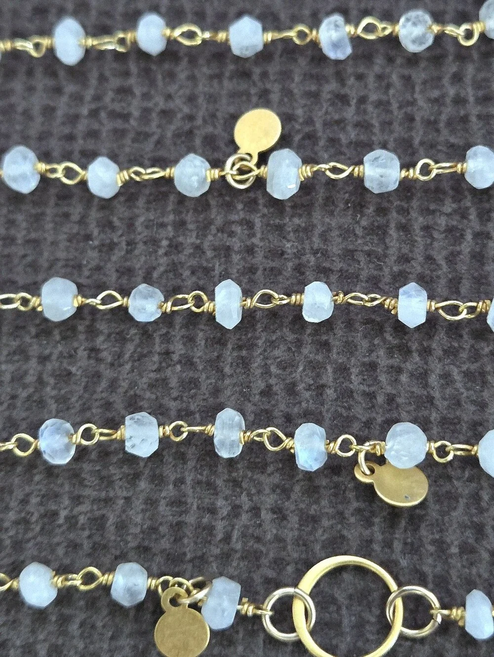 Long Necklace with Stationary Moonstone🌙 Beads and Brushed🖌 Gold💛 Paddles🏓 - Picture 14 of 16